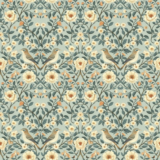 Floral wallpaper pattern featuring birds and cream-colored flowers with green leaves on a light blue background.