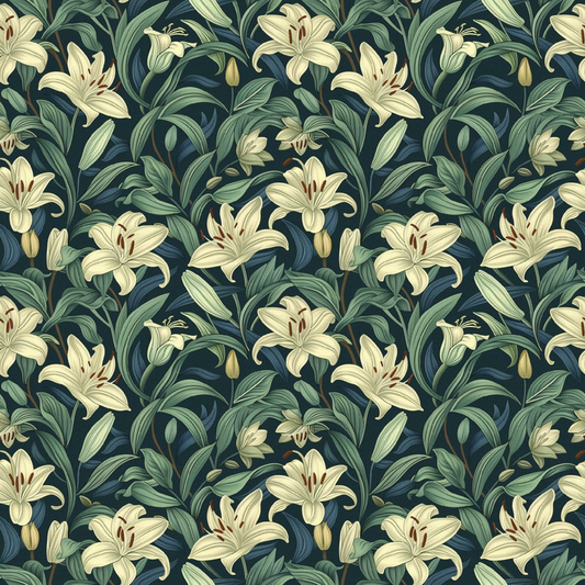 Pattern of cream-colored lilies with green leaves on a dark background.