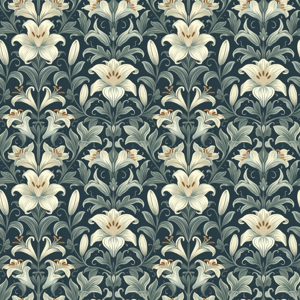 Vintage floral pattern featuring lilies with leaves on a dark background. Symmetrical design with neutral tones.