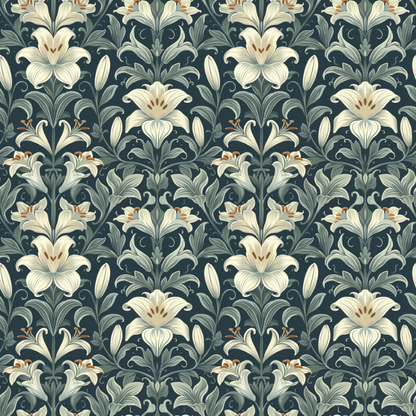 Vintage floral pattern featuring lilies with leaves on a dark background. Symmetrical design with neutral tones.