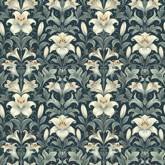 Vintage floral pattern featuring lilies with leaves on a dark background. Symmetrical design with neutral tones.