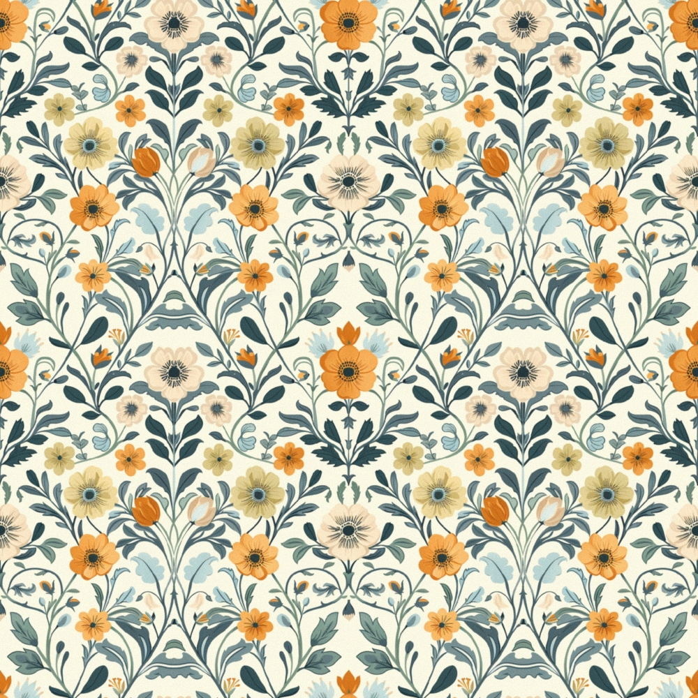 Floral pattern with orange, yellow, and beige flowers and green leaves on a white background, arranged in a repeating design.