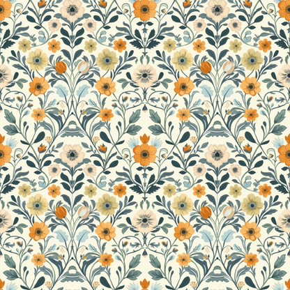 Floral pattern with orange, yellow, and beige flowers and green leaves on a white background, arranged in a repeating design.