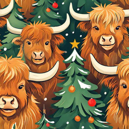 Illustration of several Highland cows with shaggy fur and long horns, surrounded by decorated Christmas trees.