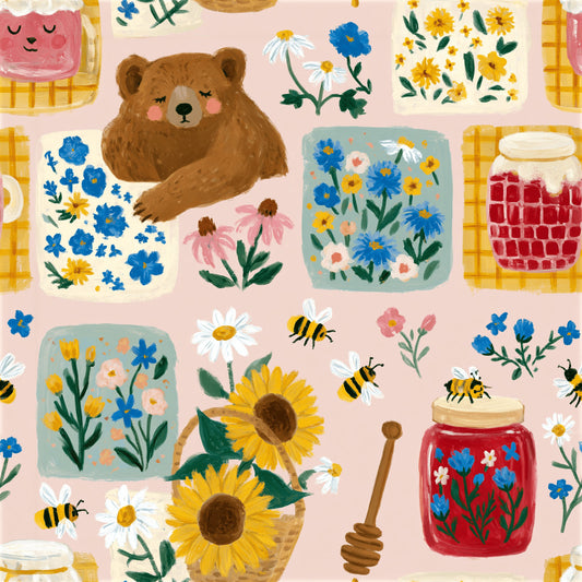 Honey Bee Bear Cottage Pattern 1 Quilting Cotton Fabric