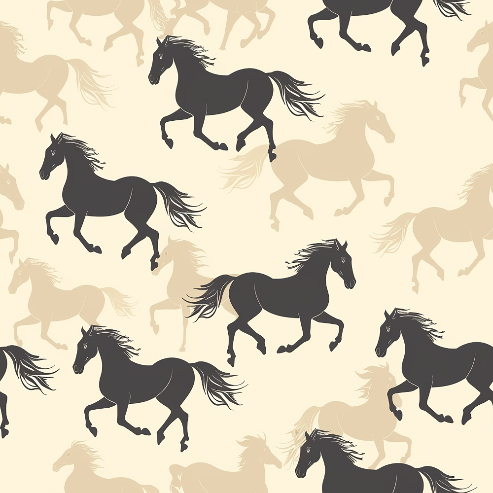 Pattern of galloping black and beige horses on a light background.