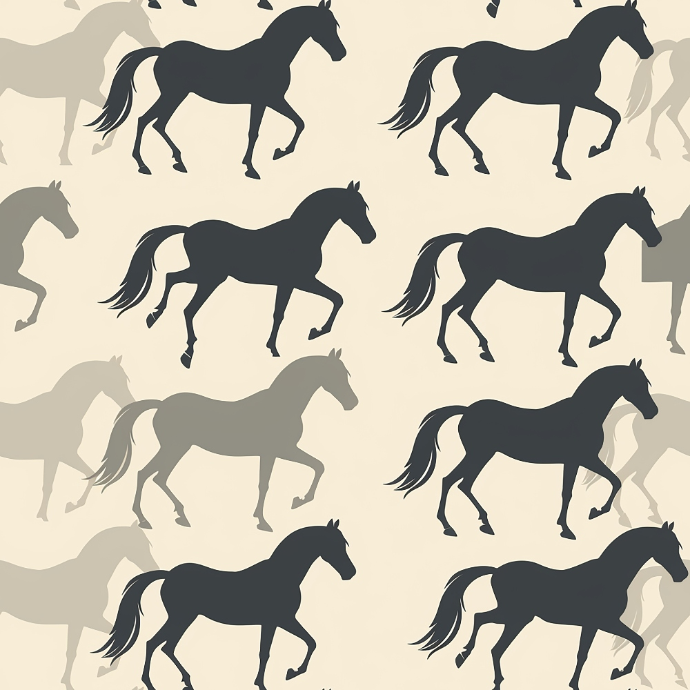 Pattern of black horse silhouettes, shown trotting, on a beige background with lighter shadow duplicates.