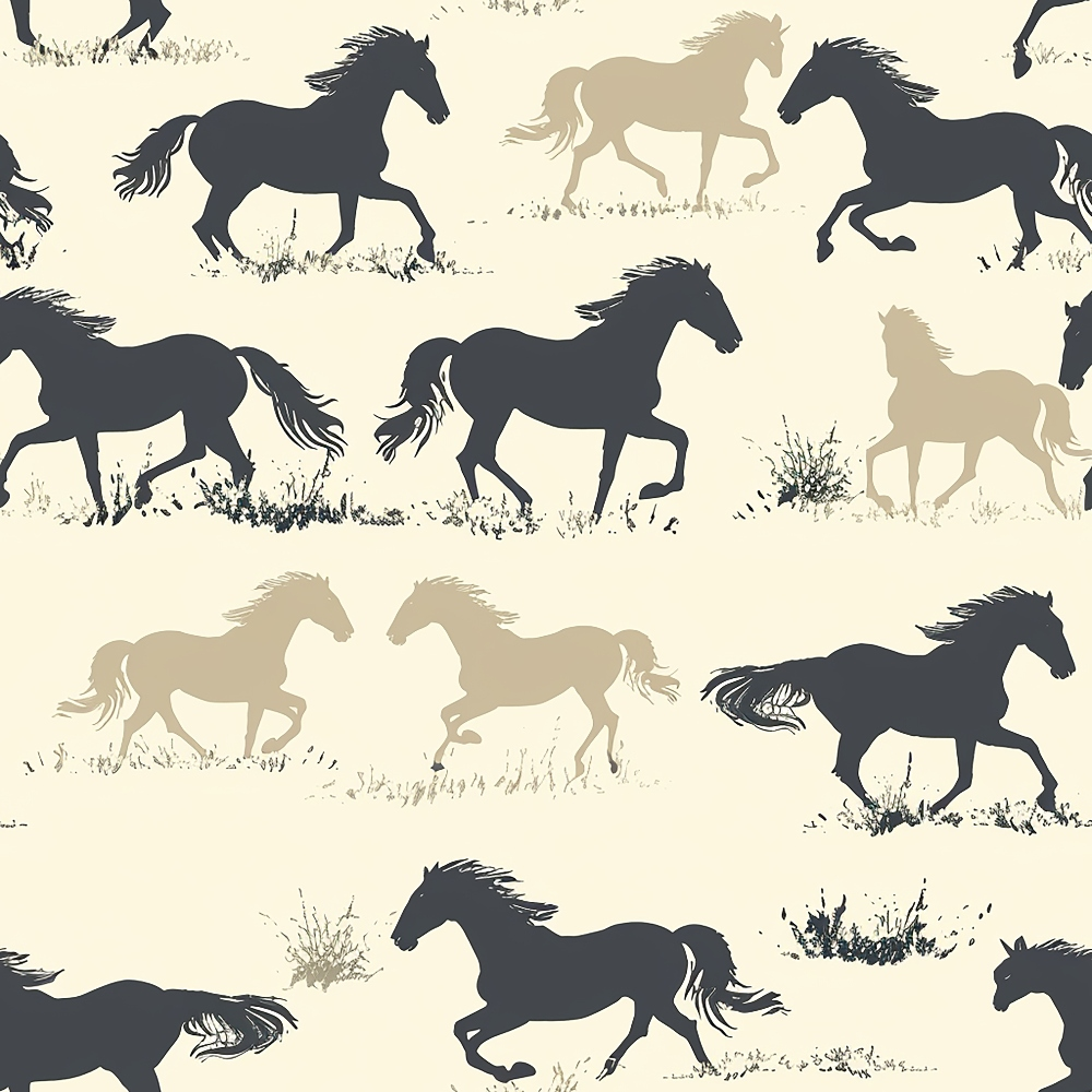 Silhouette pattern of running horses in black and beige against a light background.