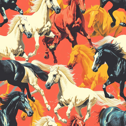 Illustration of horses in various colors, including white, red, yellow, and black, running against a vibrant red background.