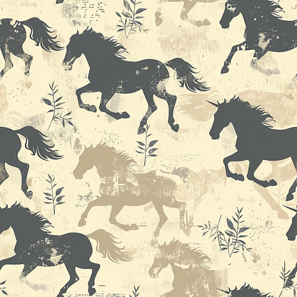 Pattern of galloping horses in silhouette with scattered leafy branches in shades of black and beige on a textured background.