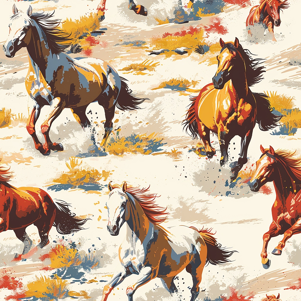 Illustration of horses running across a colorful, textured landscape with patches of shrubs and grass.