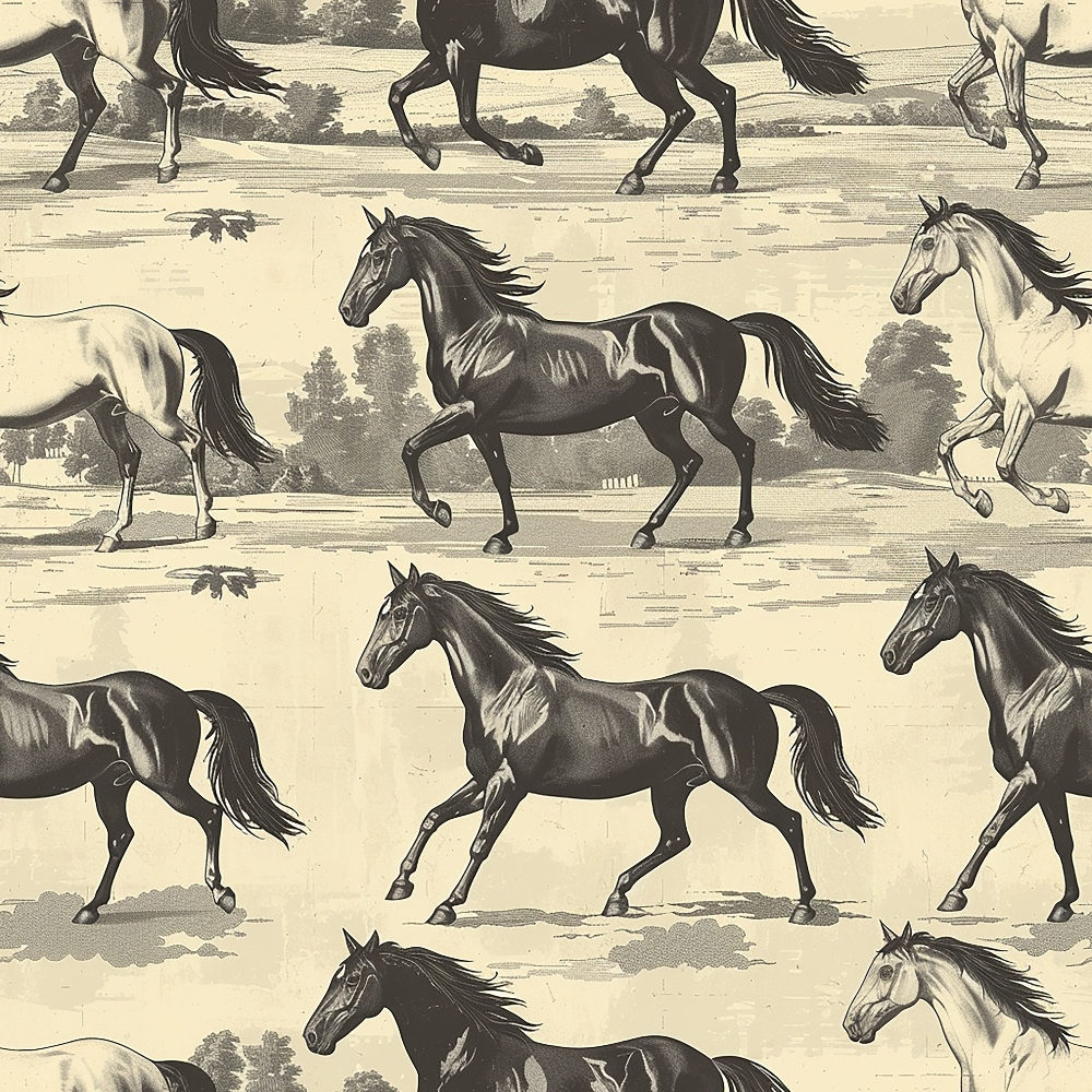 Pattern of black and white horses trotting, set against a beige background with faint trees and landscape details.