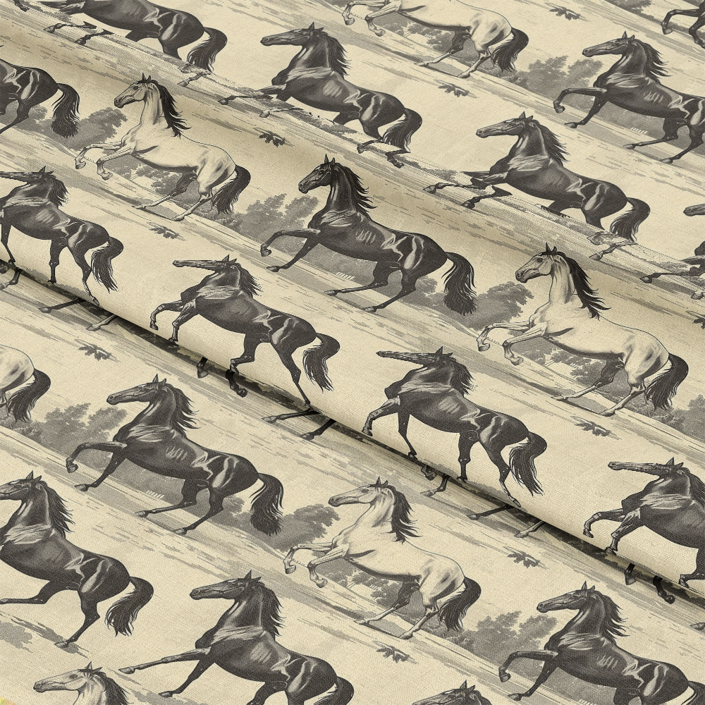 - Horse Parade Pattern 7 Quilting Cotton Fabric  
- Beige background  
- Black and white horses  
- Equestrian design  
- Animal motif  
- Quilting cotton material  
- Fabric yardage  
- Textile print  
- Classic horse illustration  
- Neutral tones  
- Vintage style fabric  
- Durable quilting fabric