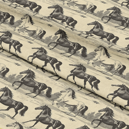 - Horse Parade Pattern 7 Quilting Cotton Fabric  
- Beige background  
- Black and white horses  
- Equestrian design  
- Animal motif  
- Quilting cotton material  
- Fabric yardage  
- Textile print  
- Classic horse illustration  
- Neutral tones  
- Vintage style fabric  
- Durable quilting fabric