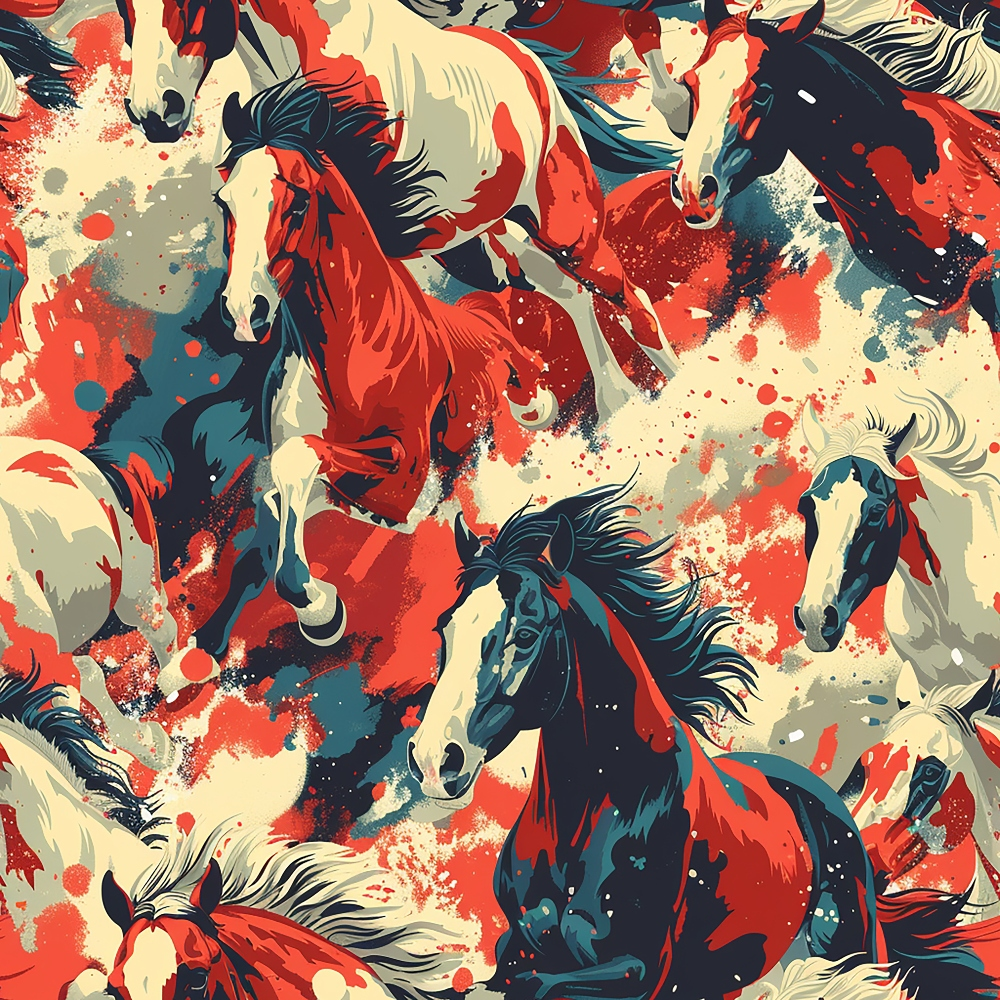 Artwork depicting a dynamic scene of galloping horses in abstract red, black, and white colors against a splattered background.