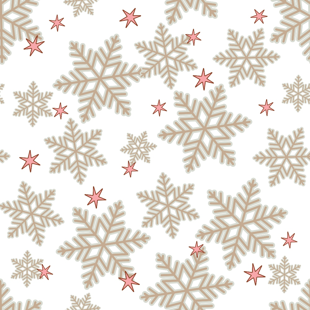 beige snowflakes, coral stars, winter pattern, quilting cotton, fabric panel, geometric snowflakes, scattered design, neutral background, holiday motif, christmas fabric, winter wonderland, dusty rose accents, repeating pattern, crafting material, seasonal design, outline snowflakes, delicate stars, winter crafts, quilting supplies