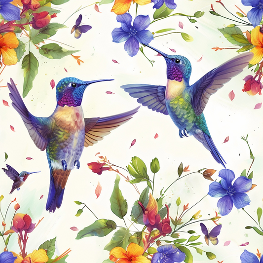 Colorful hummingbirds with vibrant plumage and outstretched wings are surrounded by flowers and leaves in a detailed, artistic design.