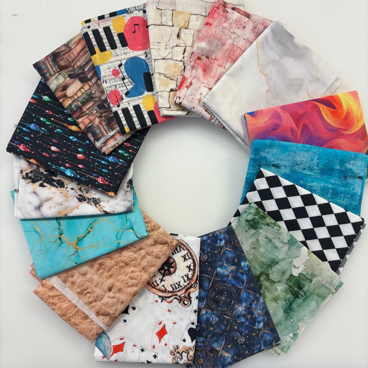 quilting cotton, fat quarter, fabric panel, geometric patterns, checkerboard, black and white stripes, musical notes, playing cards, marble texture, abstract swirls, orange flames, blue watercolor, green watercolor, pink distressed, turquoise cracked, wood grain, brick pattern, mystery bundle, mixed prints, colorful assortment