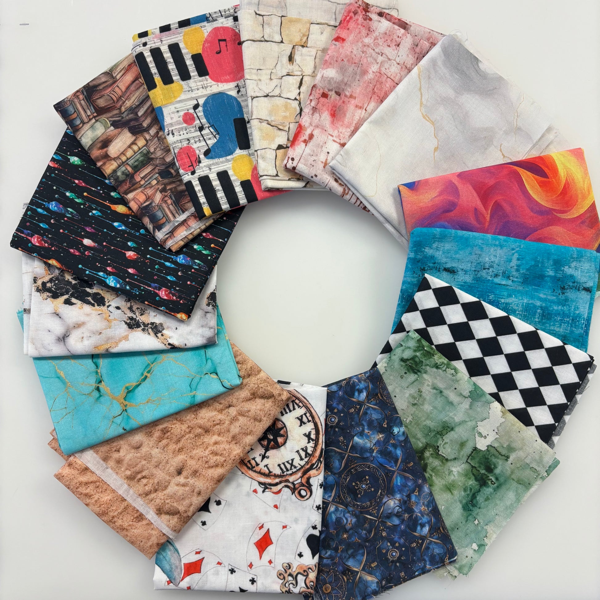 quilting cotton, fat quarter, fabric panel, geometric patterns, checkerboard, black and white stripes, musical notes, playing cards, marble texture, abstract swirls, orange flames, blue watercolor, green watercolor, pink distressed, turquoise cracked, wood grain, brick pattern, mystery bundle, mixed prints, colorful assortment