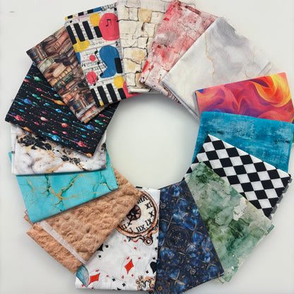 quilting cotton, fat quarter, fabric panel, geometric patterns, checkerboard, black and white stripes, musical notes, playing cards, marble texture, abstract swirls, orange flames, blue watercolor, green watercolor, pink distressed, turquoise cracked, wood grain, brick pattern, mystery bundle, mixed prints, colorful assortment