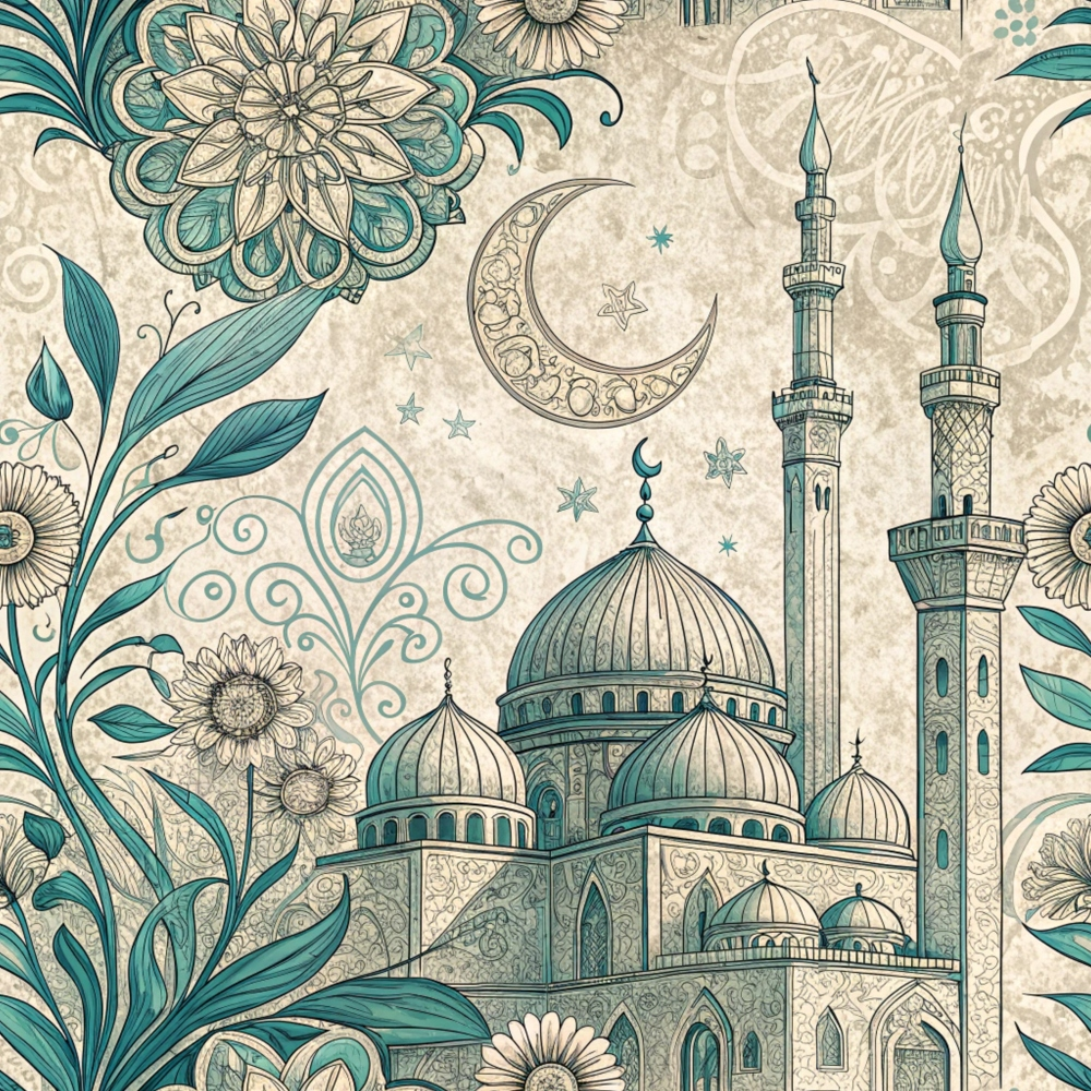 Ornate illustration of a mosque with minarets, surrounded by floral and crescent moon designs on a patterned background.