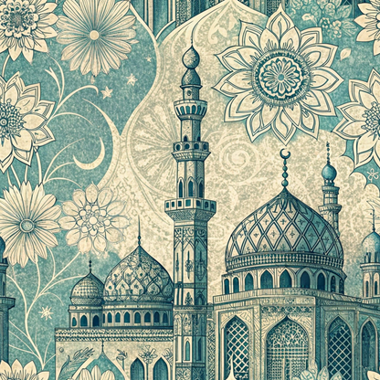 Intricate mosque illustration with detailed domes and minarets surrounded by ornate floral patterns and celestial motifs.