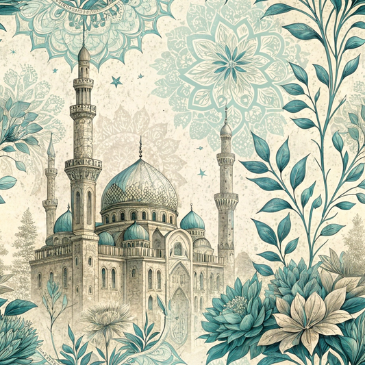 Intricate artwork of a mosque with domes and minarets, surrounded by elaborate floral patterns and leafy designs in teal and beige tones.