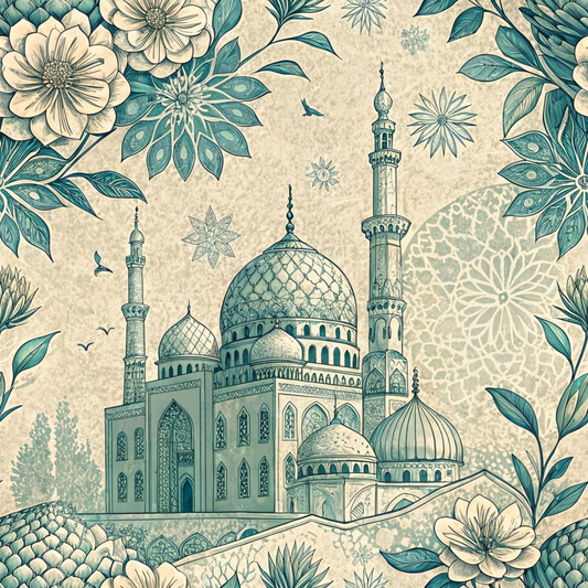 Intricate illustration of a mosque with domes and minarets, surrounded by ornate floral and leaf patterns in blue and beige tones.