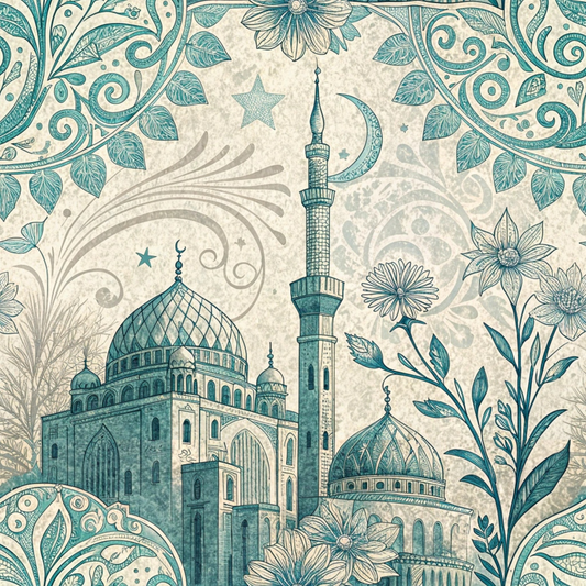 Ornate illustration of a mosque with domes and minaret surrounded by intricate floral and crescent designs in blue and green tones.