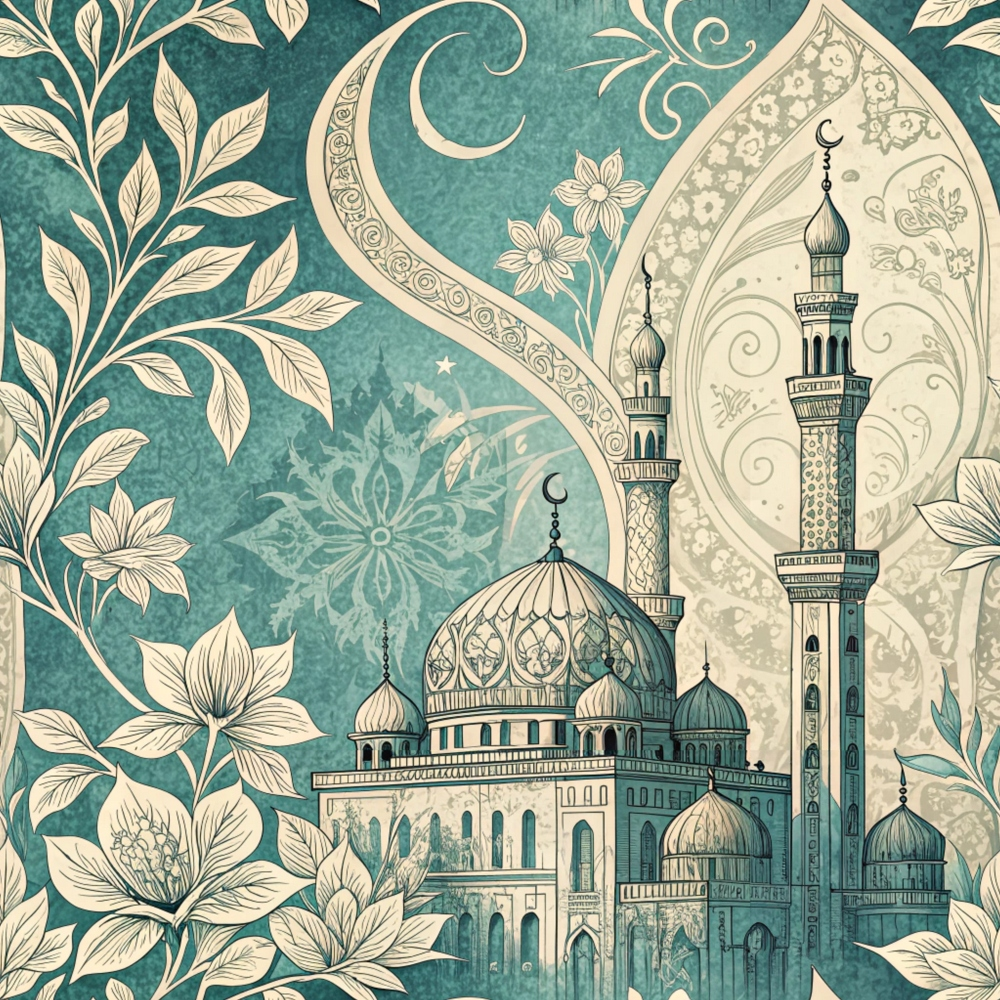 Ornate illustration of a mosque with domes and minarets, surrounded by intricate floral and geometric patterns on a teal background.