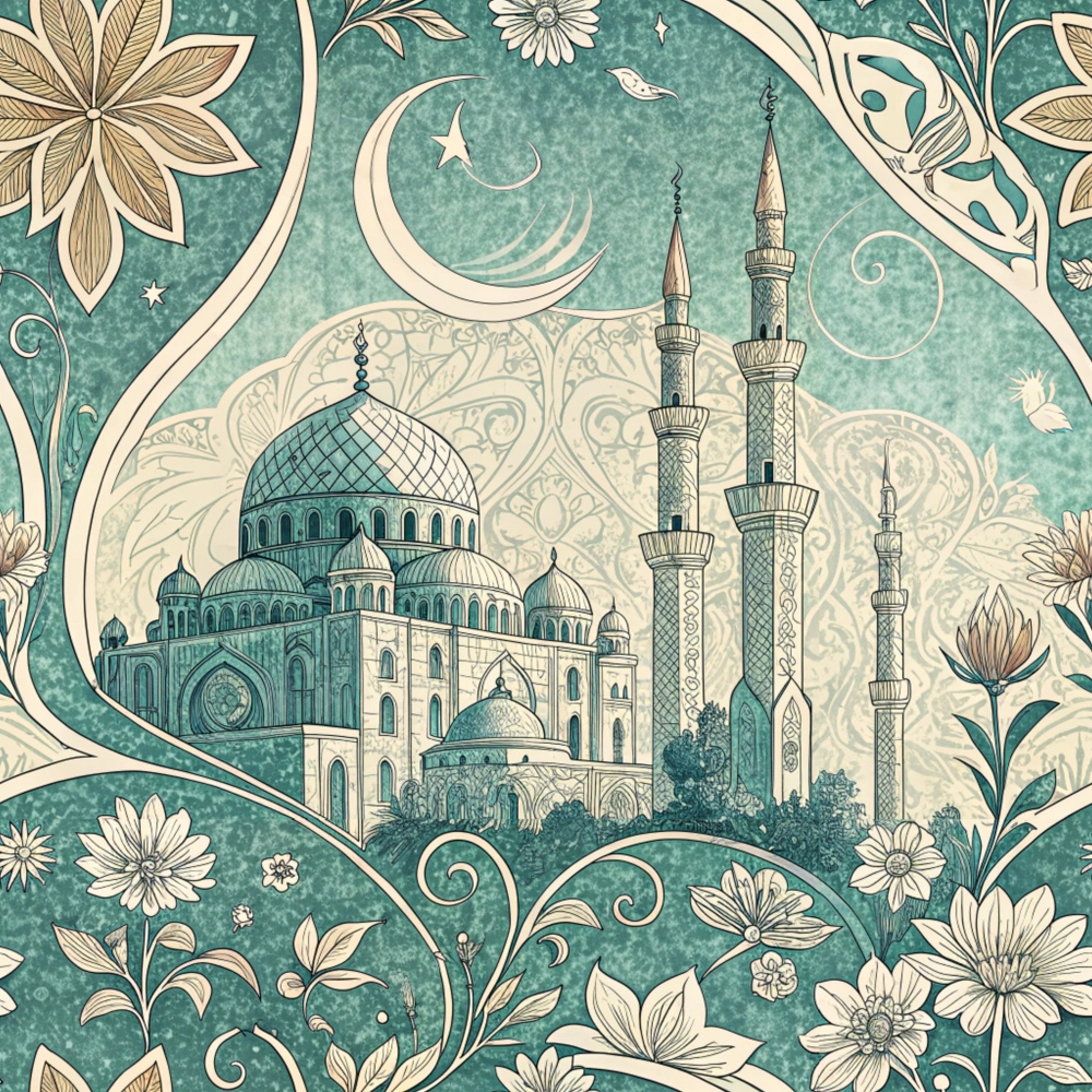 Artistic illustration of a mosque with minarets surrounded by floral patterns and a crescent moon on a teal background.