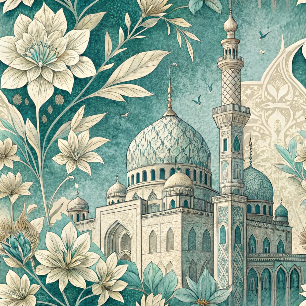 Ornate mosque with a large dome and minaret, surrounded by oversized flowers in a decorative, teal-toned illustration.