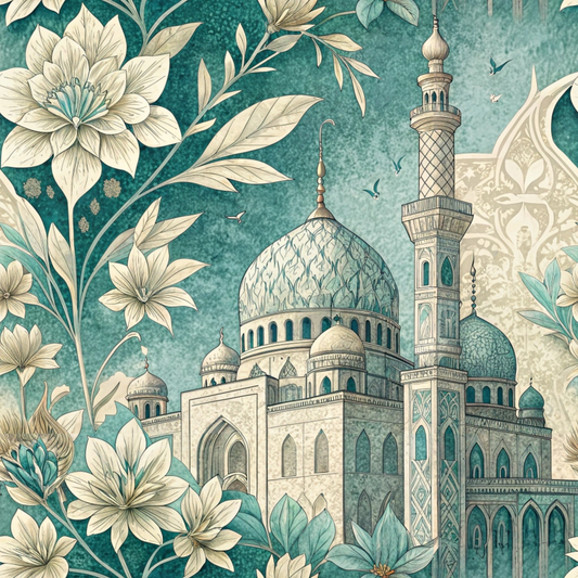 Ornate mosque with a large dome and minaret, surrounded by oversized flowers in a decorative, teal-toned illustration.