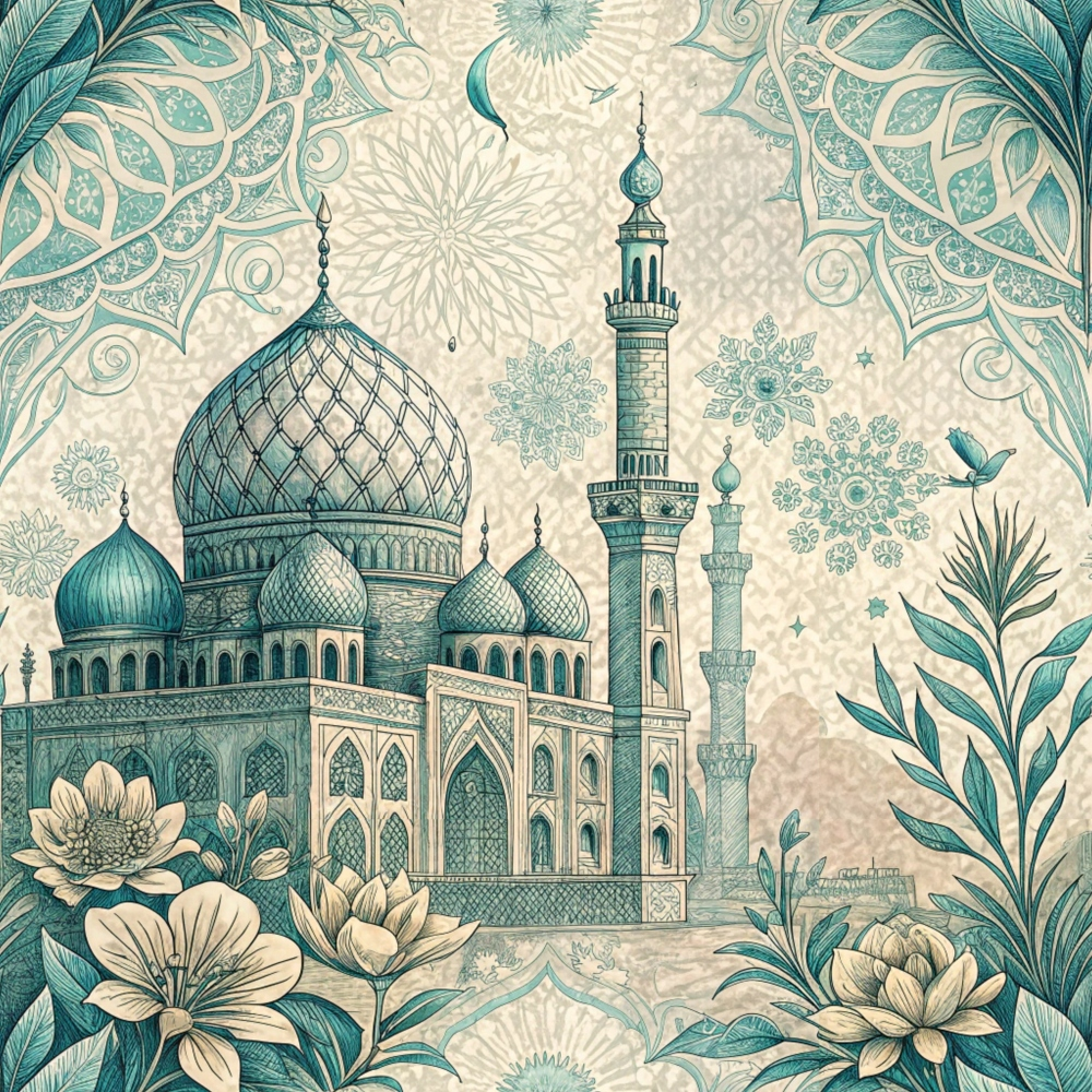 Intricate illustration of a mosque with detailed domes and minaret, surrounded by ornate floral patterns and foliage in blue and beige hues.