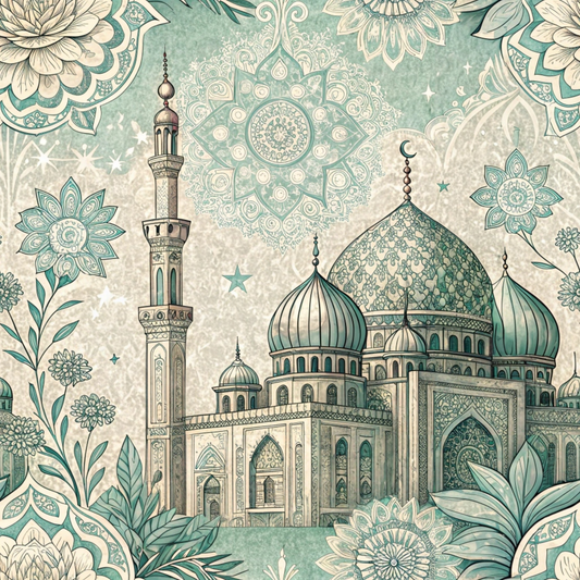 Intricate illustration of a mosque with domes and a minaret, surrounded by ornate floral and geometric patterns in teal and beige tones.