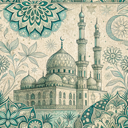 Intricate illustration of a mosque with domes and minarets, surrounded by ornate floral and geometric patterns in teal and beige hues.