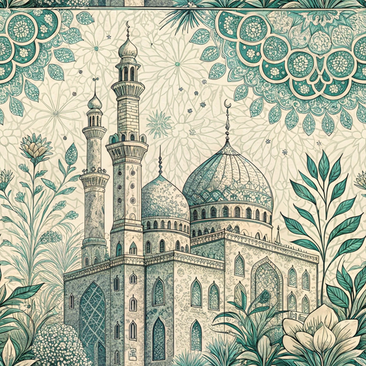 Intricate illustration of a mosque with domes and minarets, surrounded by detailed floral and geometric patterns in teal and beige tones.