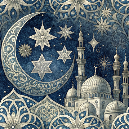 Intricate celestial illustration with stars, crescent, and an ornate building featuring domes and minarets, set against a blue background with floral patterns.