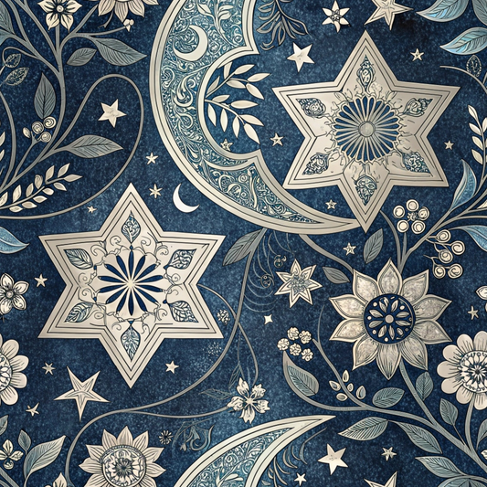 Intricate celestial pattern with stars, crescent moons, and flowers on a dark blue background.