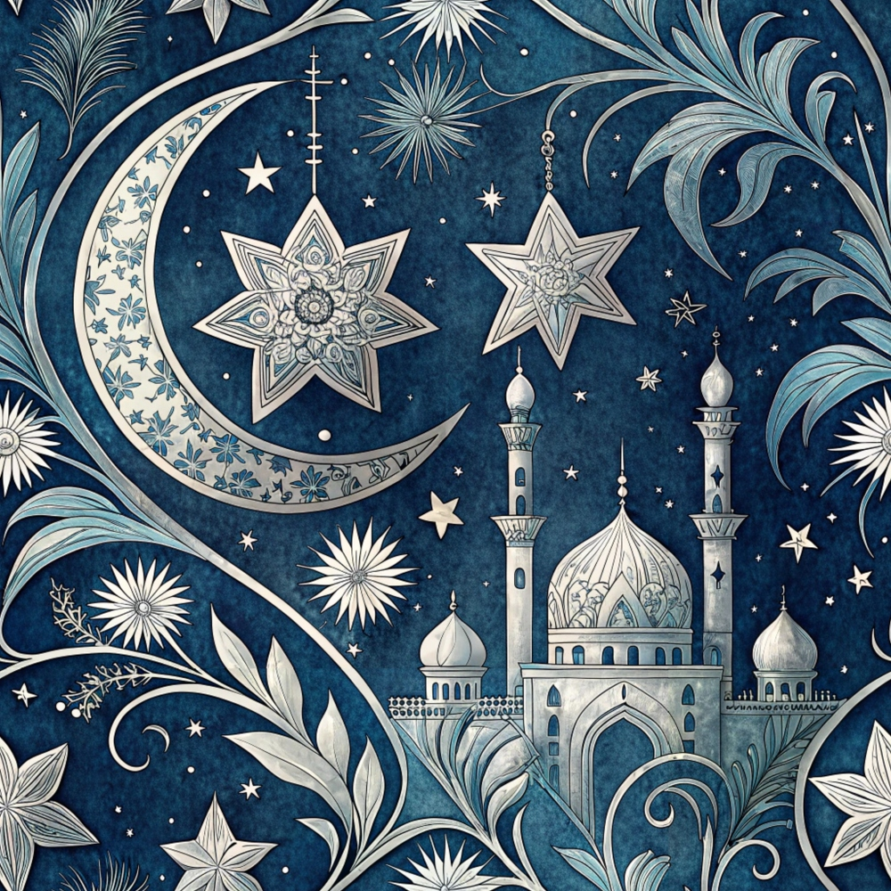 Ornate illustration of a mosque with minarets, crescent moon, stars, and floral patterns on a dark blue background.