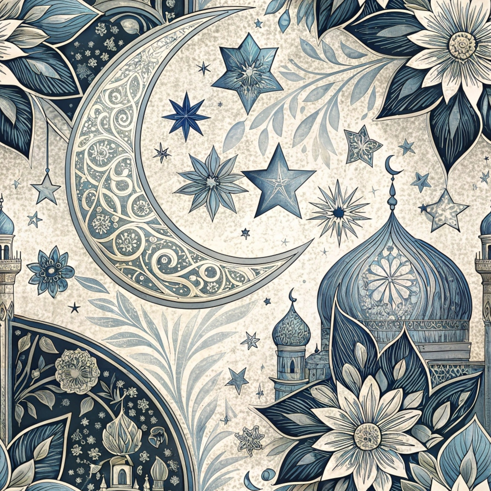 Intricate pattern featuring a crescent moon, stars, floral designs, and mosque domes in blue and beige tones.