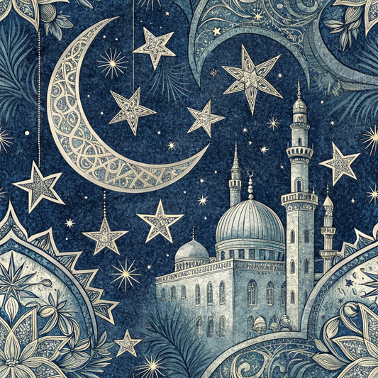 Intricate crescent moon, stars, and mosque design against a night sky with ornate patterns and details in a harmonious composition.