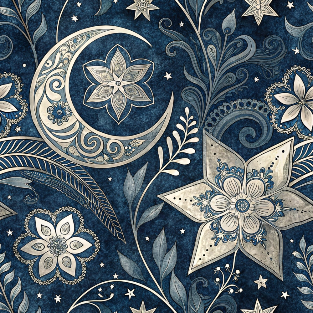 dark blue, navy blue, cream, beige, islamic pattern, paisley design, crescent moon, floral motifs, stars, ornate flowers, decorative swirls, botanical elements, leaves, feathers, intricate details, quilting cotton, fabric panel, celestial theme, middle eastern style, ornamental design