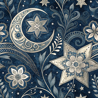 Intricate celestial pattern with crescent moon, stars, and floral motifs in silver and blue hues on a dark background.