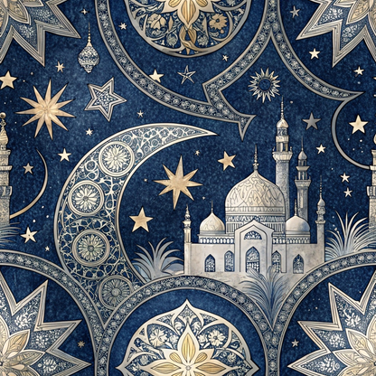 Ornate illustration of a mosque with crescent moons and stars on a dark blue background, featuring intricate floral patterns in gold and silver tones.