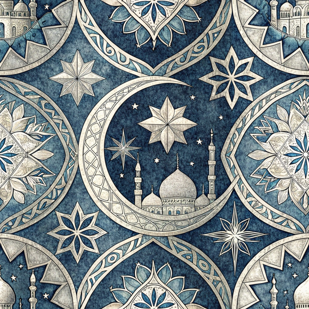 Decorative Islamic pattern with crescent moons, stars, and mosque motifs on a blue background.