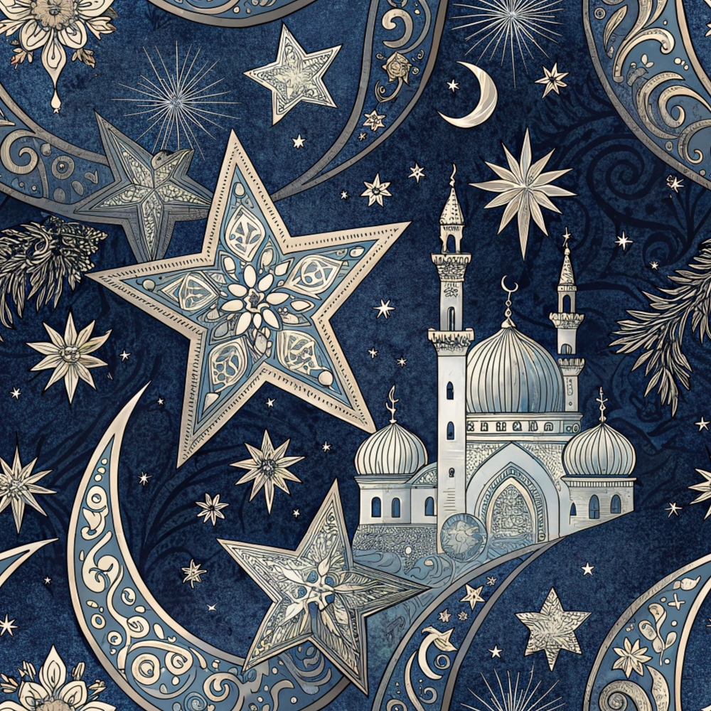 Ornate illustration of a mosque surrounded by stars and crescent moons on a deep blue background.