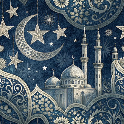 Intricate illustration of a mosque with minarets under a starry sky, featuring a large ornate crescent moon and decorative floral patterns.