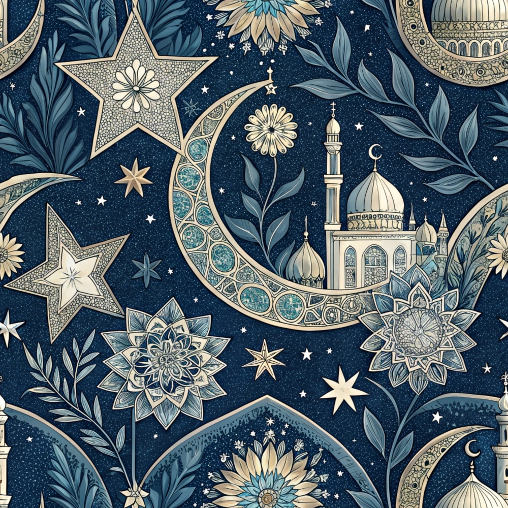 Intricate pattern featuring stars, crescent moons, floral designs, and mosque motifs on a dark background.