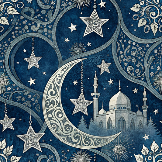 Intricate illustration of a mosque under a starry night sky with ornate crescent moons, stars, and floral patterns on a deep blue background.